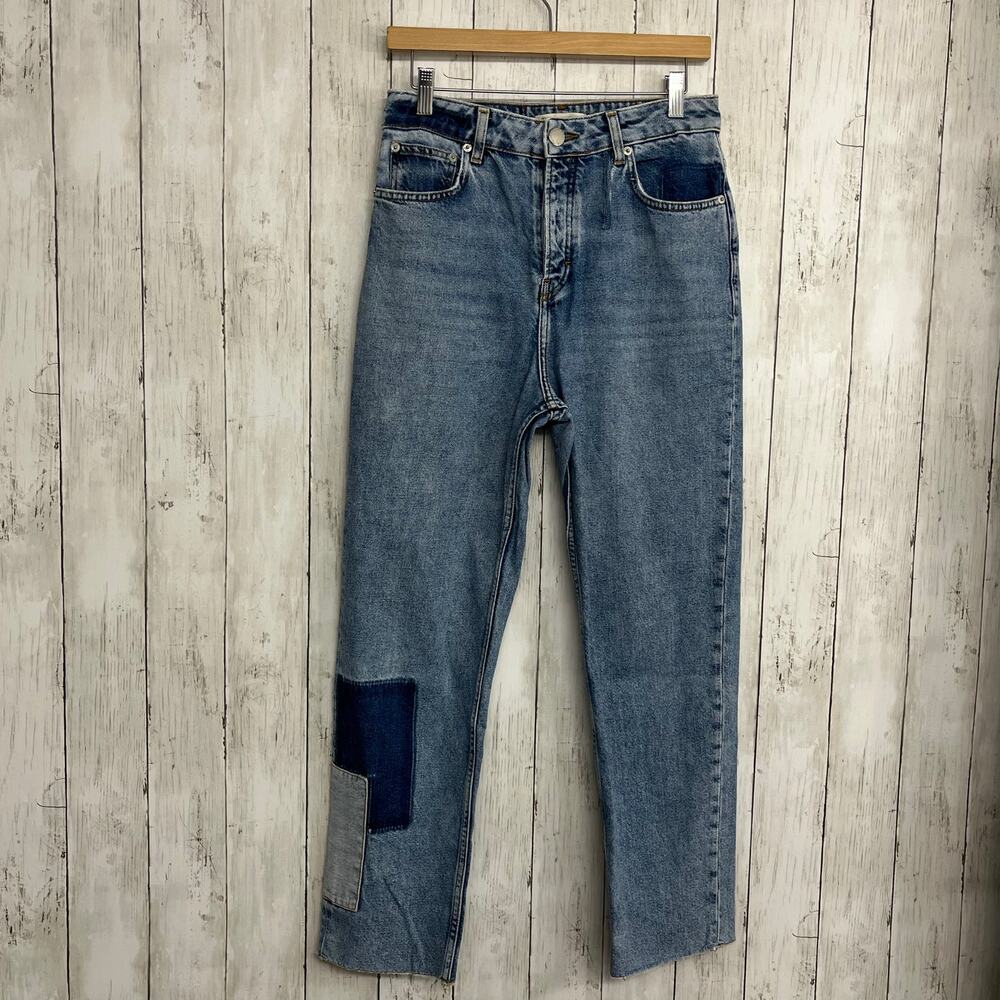 Maje High Waist Straight Leg Distressed Ripped Patch Ankle Length Cotton Jeans